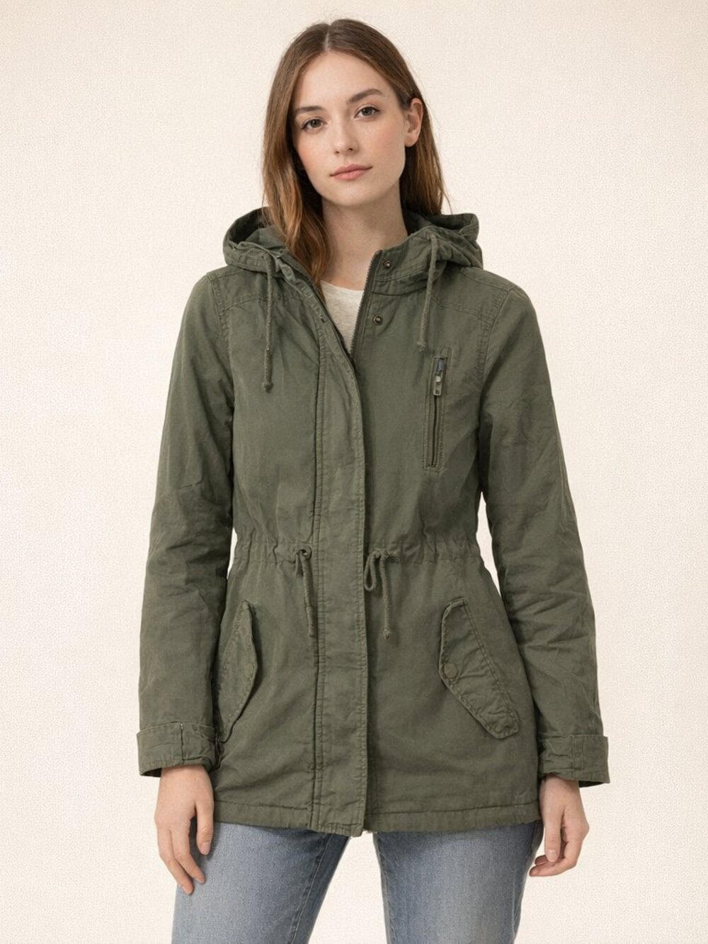 Ambiance Hooded Utility Jacket, Size Small Olive Green Drawstring Waist - Picture 1 of 11